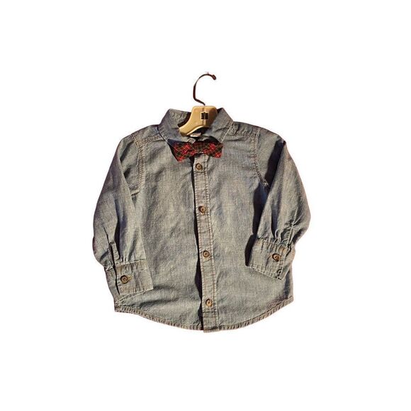 Old Navy boys chambray denim, longsleeve shirt with plaid bowtie size 2T  - Picture 1 of 4